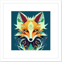 Artery8 Contemporary Folk Style Fox Abstract Face Portrait Illustration Orange Teal Square Wooden Framed Wall Art Print Picture 8X8 Inch in White