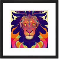 Artery8 Bright Colourful Multicoloured New Age Folk Style Lion Portrait Illustration Square Wooden Framed Wall Art Print Picture 8X8 Inch in Black