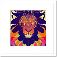 Artery8 Bright Colourful Multicoloured New Age Folk Style Lion Portrait Illustration Square Wooden Framed Wall Art Print Picture 8X8 Inch in White