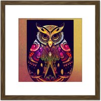Artery8 Colourful Multicoloured New Age Folk Style Owl Bird Portrait Illustration Square Wooden Framed Wall Art Print Picture 8X8 Inch in Brown