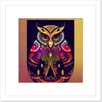 Artery8 Colourful Multicoloured New Age Folk Style Owl Bird Portrait Illustration Square Wooden Framed Wall Art Print Picture 8X8 Inch in White