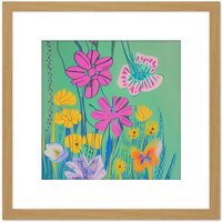 Artery8 Wildflower Meadow of Pink & Yellow Flowers in Bloom Vibrant Abstract Painting Square Wooden Framed Wall Art Print Picture 8X8 Inch