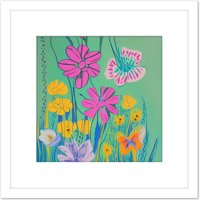 Artery8 Wildflower Meadow of Pink & Yellow Flowers in Bloom Vibrant Abstract Painting Square Wooden Framed Wall Art Print Picture 8X8 Inch in White