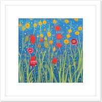 Artery8 Field of Red & Yellow Wildflowers in Bloom Abstract Acrylic Paint Square Wooden Framed Wall Art Print Picture 8X8 Inch in White