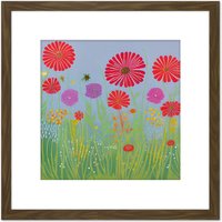 Artery8 Red & Purple Chrysanthemum Flower Meadow in Bloom Folk Style Oil Painting Square Wooden Framed Wall Art Print Picture 8X8 Inch in Brown