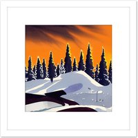 Artery8 Winter Forest Snowy Mountains Landscape Tree Line at Sunset Painting Square Wooden Framed Wall Art Print Picture 8X8 Inch in White