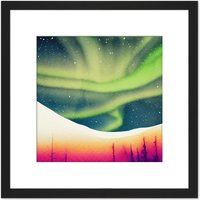 Artery8 Vibrant Aurora Borealis Green Northern Lights Night Sky Landscape Watercolour Painting Square Wooden Framed Wall Art Print Picture 8X8 Inch