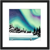 Artery8 Aurora Borealis Northern Lights Night Sky Over Snowy Countryside Landscape Painting Square Wooden Framed Wall Art Print Picture 8X8 Inch