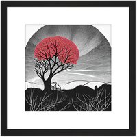Artery8 Black & White Countryside Landscape Painting With Red Tree on Farm Square Wooden Framed Wall Art Print Picture 8X8 Inch