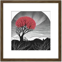 Artery8 Black & White Countryside Landscape Painting With Red Tree on Farm Square Wooden Framed Wall Art Print Picture 8X8 Inch in Brown