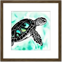Artery8 Swimming Sea Turtle Black Silhouette Ocean Green Watercolour Painting Square Wooden Framed Wall Art Print Picture 8X8 Inch in Brown