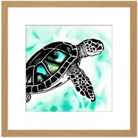 Artery8 Swimming Sea Turtle Black Silhouette Ocean Green Watercolour Painting Square Wooden Framed Wall Art Print Picture 8X8 Inch in Light Oak