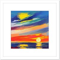 Artery8 Vibrant Abstract Sunset Seascape Multicoloured Oil Painting Square Wooden Framed Wall Art Print Picture 8X8 Inch in White
