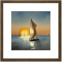 Artery8 Boats Sailing Calm Sunset Seascape Ocean Watercolour Painting Square Wooden Framed Wall Art Print Picture 8X8 Inch in Brown