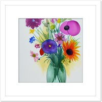 Artery8 Flower Summer Blooms Bouquet in Green Glass Vase Watercolour Painting Square Wooden Framed Wall Art Print Picture 8X8 Inch in White