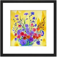 Artery8 Vibrant Purple Pink on Yellow Wildflower Bouquet Flowers Floral Blooms Square Wooden Framed Wall Art Print Picture 8X8 Inch in Black