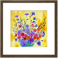 Artery8 Vibrant Purple Pink on Yellow Wildflower Bouquet Flowers Floral Blooms Square Wooden Framed Wall Art Print Picture 8X8 Inch in Brown