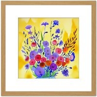 Artery8 Vibrant Purple Pink on Yellow Wildflower Bouquet Flowers Floral Blooms Square Wooden Framed Wall Art Print Picture 8X8 Inch in Light Oak