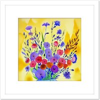 Artery8 Vibrant Purple Pink on Yellow Wildflower Bouquet Flowers Floral Blooms Square Wooden Framed Wall Art Print Picture 8X8 Inch in White