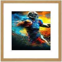 Artery8 American Football Action Sport Painting the Power Line Back Gridiron Blue Yellow Square Wooden Framed Wall Art Print Picture 8X8 Inch