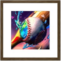 Artery8 Baseball Bat Hitting Ball Multicoloured Colourful Oil Painting Square Wooden Framed Wall Art Print Picture 8X8 Inch in Brown