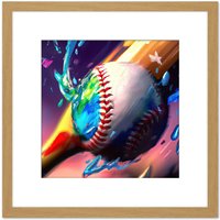 Artery8 Baseball Bat Hitting Ball Multicoloured Colourful Oil Painting Square Wooden Framed Wall Art Print Picture 8X8 Inch in Light Oak