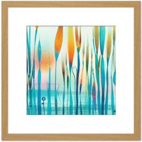 Artery8 Sunset Lake Reeds Pond Abstract Orange Teal Watercolour Painting Square Wooden Framed Wall Art Print Picture 8X8 Inch in Light Oak