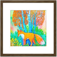 Artery8 Fox in Woods Trees Forest Vibrant Colours Orange Splatter Watercolour Painting Square Wooden Framed Wall Art Print Picture 8X8 Inch in Brown