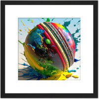 Artery8 Cricket Ball Dynamic Paint Splatter Bright Action Painting Square Wooden Framed Wall Art Print Picture 8X8 Inch in Black