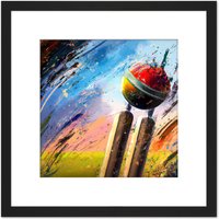 Artery8 Cricket Wicket Fast Bowler Sports Splatter Style Oil Painting Square Wooden Framed Wall Art Print Picture 8X8 Inch in Black