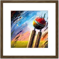 Artery8 Cricket Wicket Fast Bowler Sports Splatter Style Oil Painting Square Wooden Framed Wall Art Print Picture 8X8 Inch in Brown