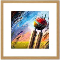 Artery8 Cricket Wicket Fast Bowler Sports Splatter Style Oil Painting Square Wooden Framed Wall Art Print Picture 8X8 Inch in Light Oak