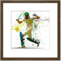 Artery8 Sports Cricket Batsman Motion Throw Splatter Oil Painting Square Wooden Framed Wall Art Print Picture 8X8 Inch in Brown