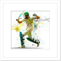 Artery8 Sports Cricket Batsman Motion Throw Splatter Oil Painting Square Wooden Framed Wall Art Print Picture 8X8 Inch in White