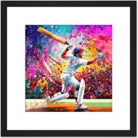 Artery8 Colourful Cricket Batsman Vibrant Modern Pink Splatter Oil Painting Square Wooden Framed Wall Art Print Picture 8X8 Inch in Black