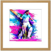Artery8 Sports Cricket Colourful Pink Blue Batsman Watercolour Oil Painting Square Wooden Framed Wall Art Print Picture 8X8 Inch in Light Oak