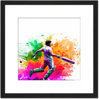 Artery8 Indian Cricket Batsman Sports Colour Burst Splatter Orange Pink Painting Square Wooden Framed Wall Art Print Picture 8X8 Inch in Black