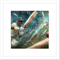 Artery8 Action Cricket Sports in Motion Batsman Splatter Oil Painting Square Wooden Framed Wall Art Print Picture 8X8 Inch in White