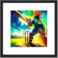 Artery8 Summer Sky Cricket Vibrant Batsman Wicket Bowled Oil Painting Square Wooden Framed Wall Art Print Picture 8X8 Inch in Black