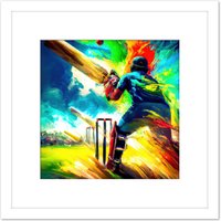 Artery8 Summer Sky Cricket Vibrant Batsman Wicket Bowled Oil Painting Square Wooden Framed Wall Art Print Picture 8X8 Inch in White