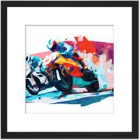 Artery8 Circuit De Barcelona MotoGP Bike Race Colourful Watercolour Painting Square Wooden Framed Wall Art Print Picture 8X8 Inch in Black