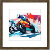 Artery8 Circuit De Barcelona MotoGP Bike Race Colourful Watercolour Painting Square Wooden Framed Wall Art Print Picture 8X8 Inch in Brown