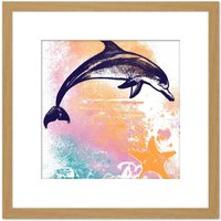 Artery8 Dolphin Jumping Out of Ocean Sunset Starfish Pastel Watercolour Painting Square Wooden Framed Wall Art Print Picture 8X8 Inch in Light Oak