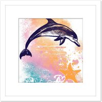 Artery8 Dolphin Jumping Out of Ocean Sunset Starfish Pastel Watercolour Painting Square Wooden Framed Wall Art Print Picture 8X8 Inch in White