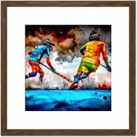 Artery8 Field Hockey Players Action Abstract Oil Painting Square Wooden Framed Wall Art Print Picture 8X8 Inch in Brown