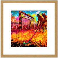 Artery8 Field Hockey Game Abstract Vibrant Colourful Oil Painting Square Wooden Framed Wall Art Print Picture 8X8 Inch in Light Oak