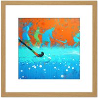 Artery8 Abstract Field Hockey Stick Players Pitch Blue Orange Sport Oil Painting Square Wooden Framed Wall Art Print Picture 8X8 Inch in Light Oak