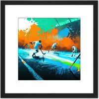 Artery8 Ice Hockey Winter Sport Action Abstract Colourful Oil Painting Square Wooden Framed Wall Art Print Picture 8X8 Inch in Black