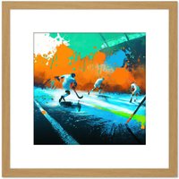 Artery8 Ice Hockey Winter Sport Action Abstract Colourful Oil Painting Square Wooden Framed Wall Art Print Picture 8X8 Inch in Light Oak