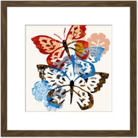 Artery8 Butterflies Stamp Style Art Blue Red & Brown on White Nature Painting Square Wooden Framed Wall Art Print Picture 8X8 Inch